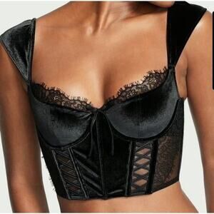Victoria's Secret Dream Angels Black Lace Velvet Cap-Sleeve Corset Top NWT Small
